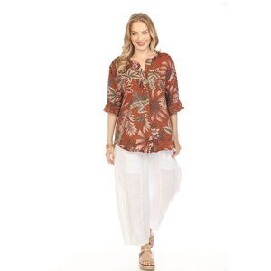 Chocolate Leaf Print V-Neck Button Top